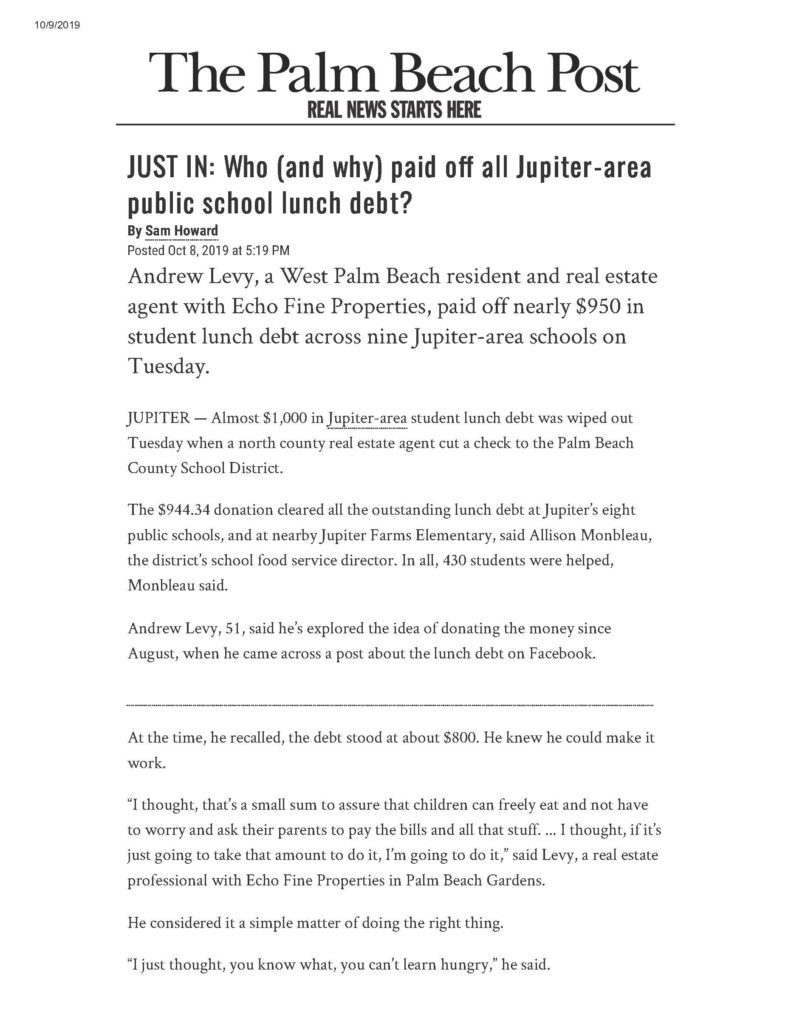 Who (and why) paid off all Jupiterarea public school lunch debt